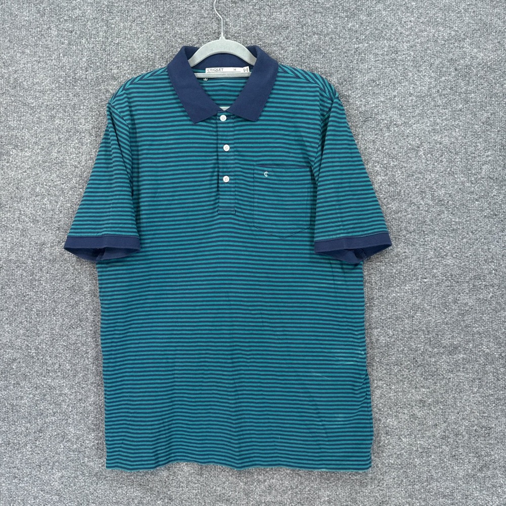 Criquet Polo Shirt Mens Medium Blue Teal Striped Organic Cotton Pocket Casual